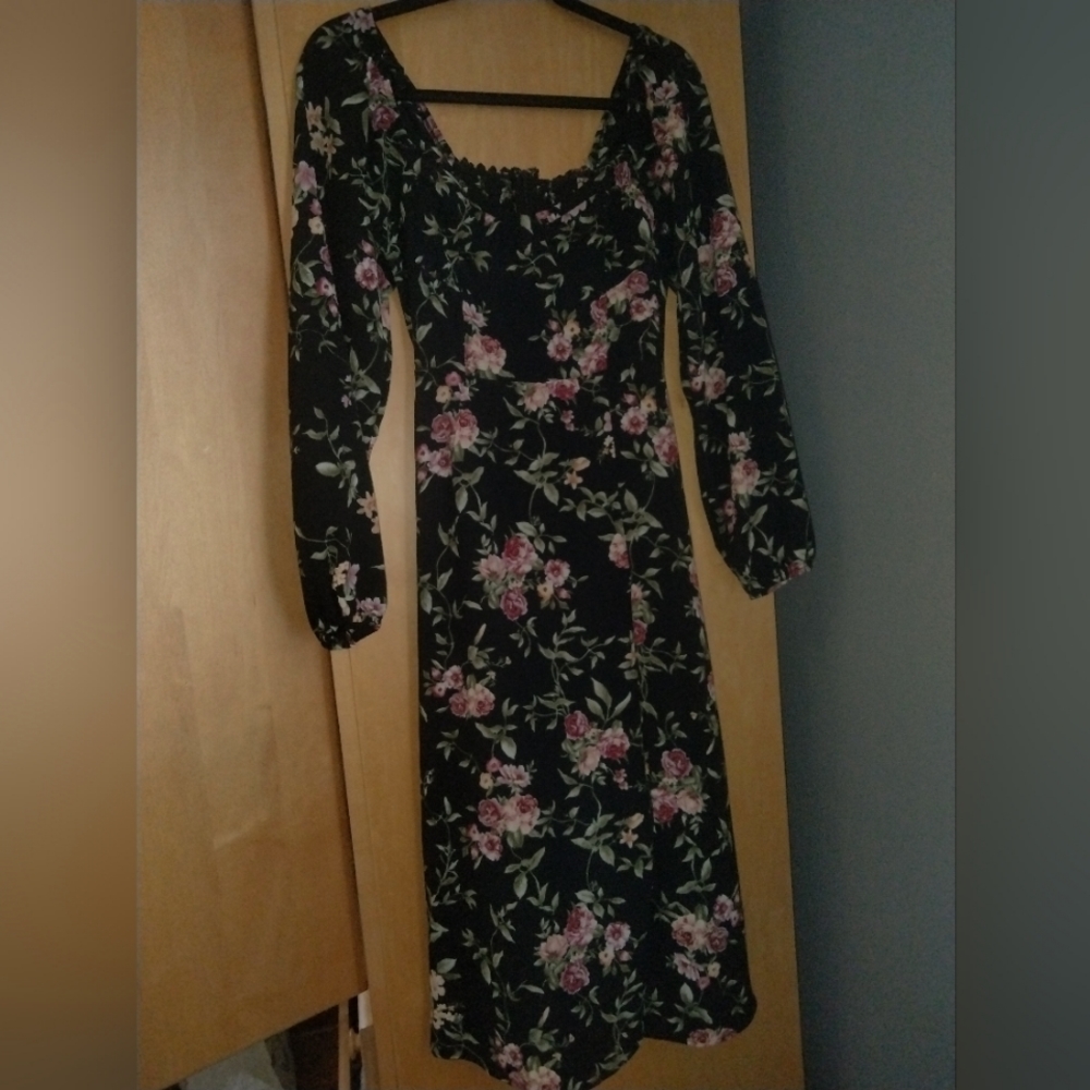 Astr Black Floral Midi Dress with Pink Roses